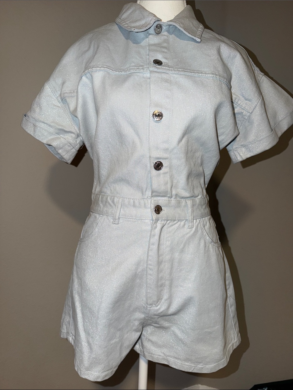 Zara Light Blue Sparkly Short Denim Overalls Romper Size S
